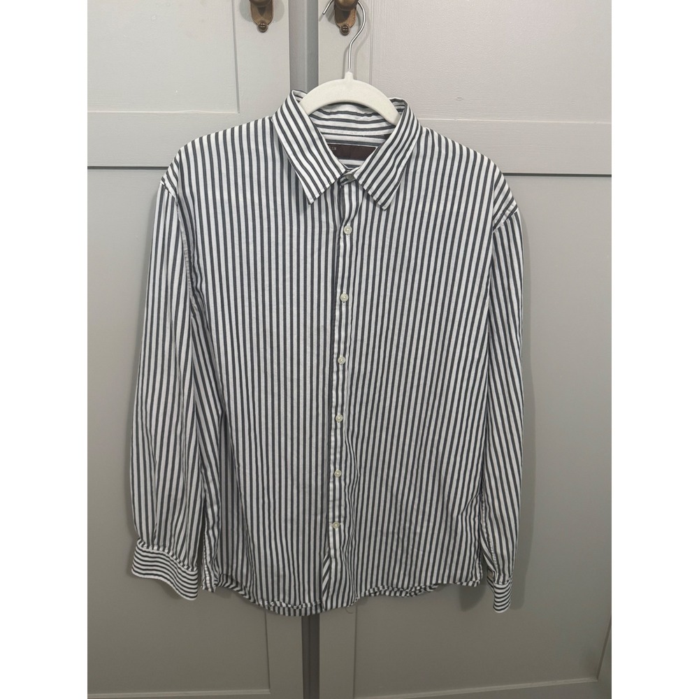 Perry Ellis Mens Large Blue White Striped Long Sleeve Button Down Cotton Shirt